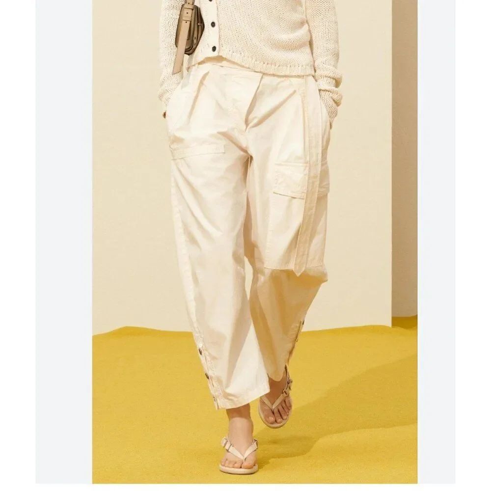 Zara Surplus Womens Cargo Pants Size L Off White Buttons Belted 3175/241 NWT
